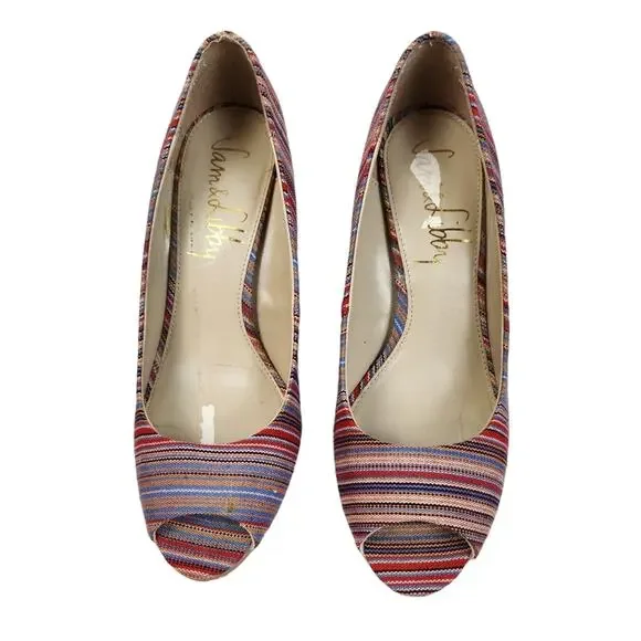 Sam & Libby Pumps Sz 9 Peeptoe Striped Colorful Pump Heels - Picture 2 of 12